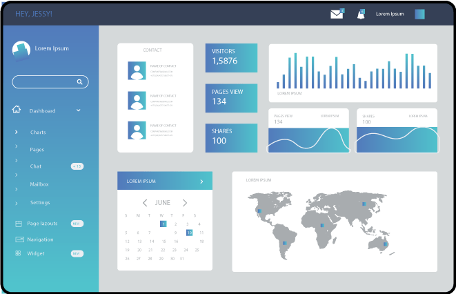 Server dashboard with usage charts and a world map