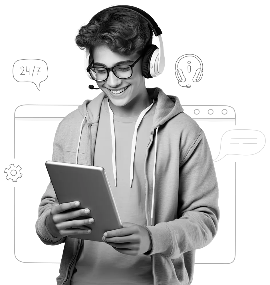 Support agent wearing a headset and holding a tablet