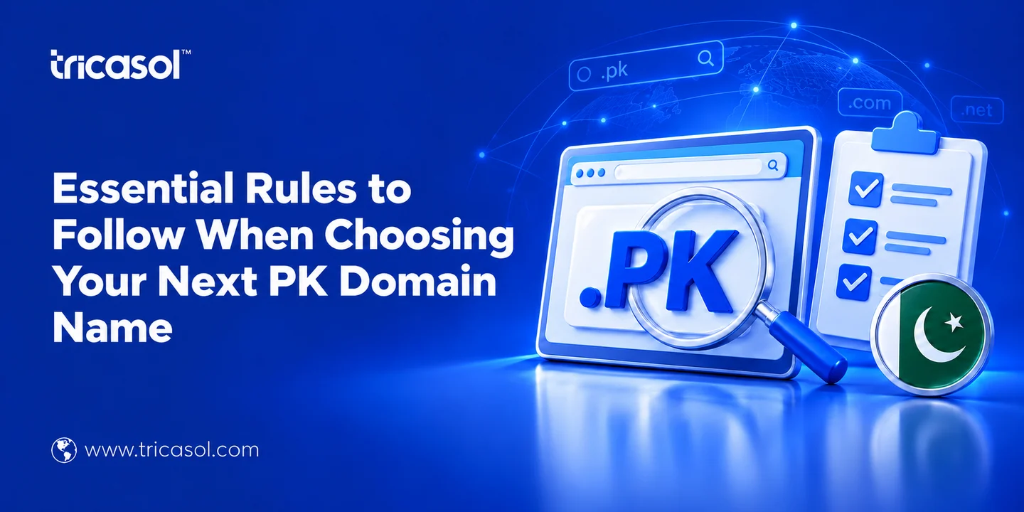 PK domain search with a magnifying glass, checklist and Pakistan flag on a blue network background.