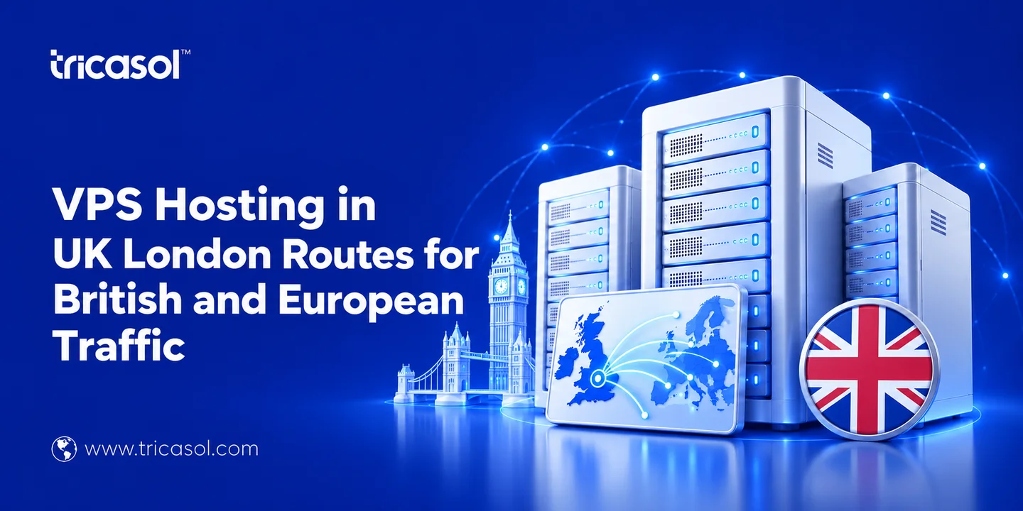 London VPS servers with UK and European network routes, London landmarks and a Union Jack badge.